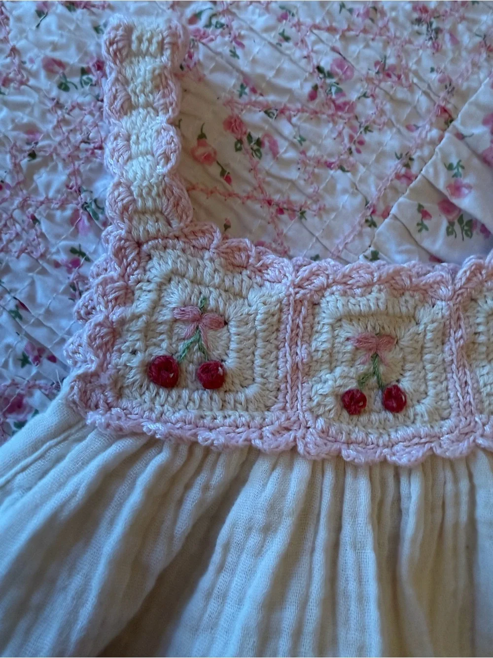 WILD WAWA Crochet Ivory Cherry Girls Dress 5-6Y